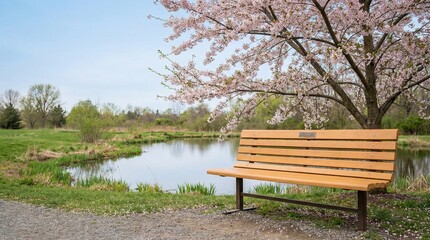 Obraz premium Wooden bench by tranquil pond under blooming cherry tree 
