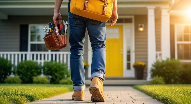 Handyman walking to house with tool belt and bag