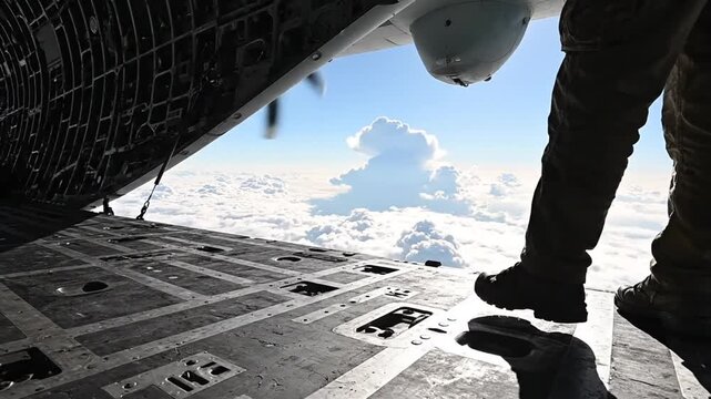 Airlift over clouds, soldiers ready for jump from transport plane