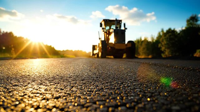 Heavy duty motor grader working on a new asphalt highway construction project during a beautiful golden sunset