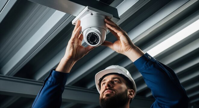 Technician installing security camera in industrial setting