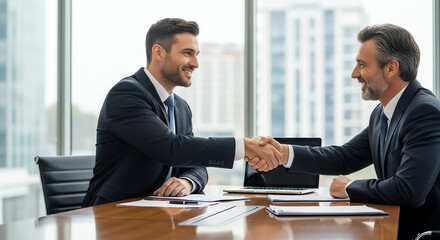 Business professionals shaking hands in office meeting
