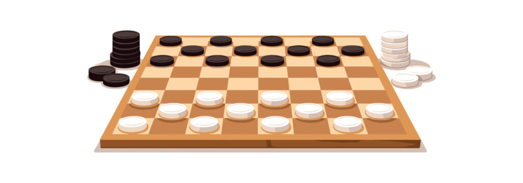 Flat vector illustration of checkers game setup without people: board silhouette and stacked pieces style clean 2D shapes no outlines minimal details layered depth simplified silhouettes