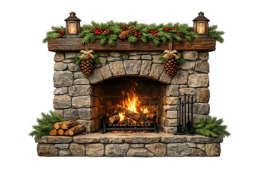 Fototapeta premium Stone fireplace with roaring fire, decorated for holidays, featuring garlands, lanterns, and pinecones, isolated with transparent background