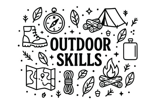 Outdoor Skills Poster Icons Main outdoor title surrounded by icons like compass tent firewood boots map rope flask and leaves.