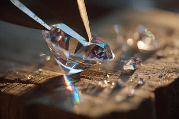 Close-up of a Brilliant Cut Diamond Being Held by Tweezers
