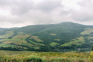 Obraz premium Low clouds enveloping the tops of forested hills create a stunning backdrop for a green valley adorned with cultivated fields and scattered trees in a tranquil countryside setting