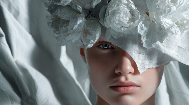 Surreal white fashion portrait with lace and dramatic shadows for creative editorial styling concept photography