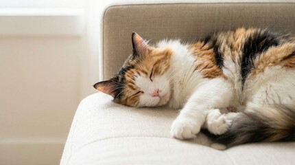 Calico cat sleeping peacefully on a sofa in natural light  