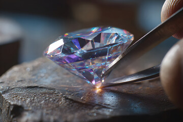 Close-up of a Brilliant Diamond Being Examined by a Jeweler