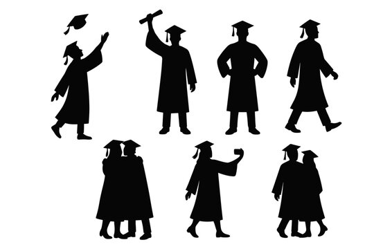 Silhouettes of graduation poses like cap toss diploma raise proud stance walking stage hugging friend and selfie moment for ceremony graphics.