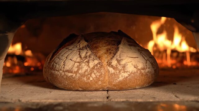 A loaf of bread in a hot oven with flames glowing
