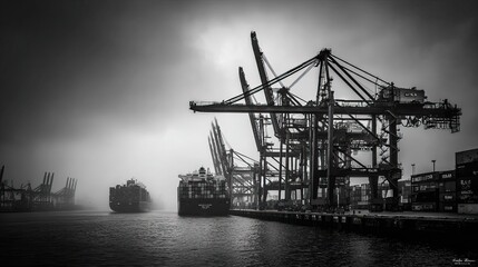 Obraz premium Aerial view of a busy, geometric freight port with a busy shipping terminal and cranes. AI generated image