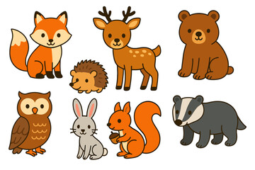 Fototapeta premium Bright flat woodland animals including fox deer hedgehog bear owl rabbit squirrel and badger for kids projects.