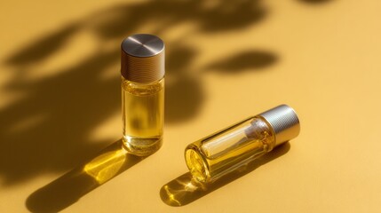 Golden cosmetic oil bottles on yellow background for beauty product advertising or skincare packaging branding concept