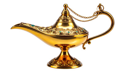 An ornate golden lamp with intricate designs and a chain, depicted from a front viewpoint, symbolizing mystique and ancient culture, similar to J (748).png