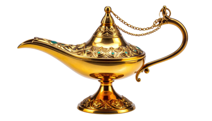 An ornate golden lamp with intricate designs and a chain, depicted from a front viewpoint, symbolizing mystique and ancient culture, similar to J (748).png