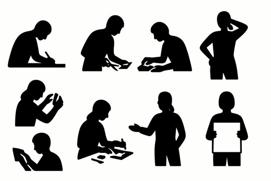 Silhouettes of simple creative motions like drawing cutting taping posing adjusting crafting presenting and holding materials for workshops.
