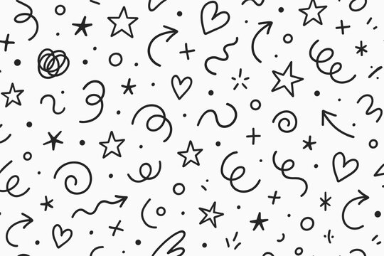 Seamless pattern of creative symbols such as stars scribbles dots curves arrows hearts and tiny accents.