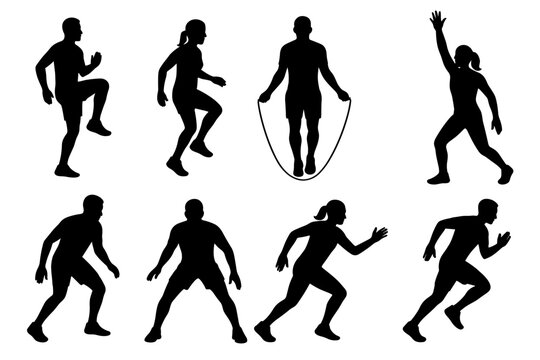 Silhouettes of athletic drills like knee lift side step jump rope hop reach shuffle and diagonal run.