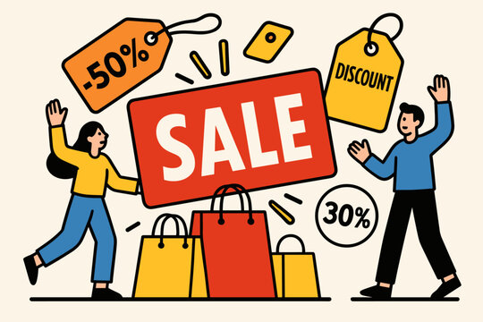 sale promo discount flat vector banner with headline characters and key objects shows vibrant sale scene with bold tags and shopping bags.