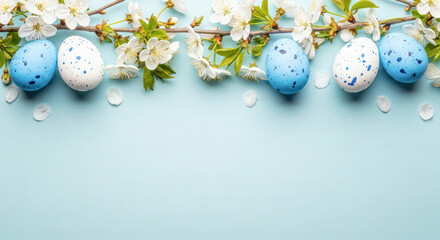 Colorful Easter eggs in blue and white with speckles arranged on a light blue background alongside blooming cherry blossoms and petals