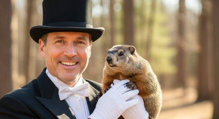 Man in formal attire holding a groundhog outdoors in a forest setting, sunlight filtering through trees, celebrating Groundhog Day tradition