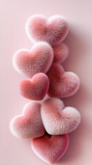 Soft pink fluffy hearts arranged vertically on a pastel pink background, perfect for Valentine's Day decorations or romantic themes