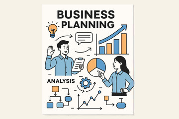 Naklejka premium Business planning analysis vector A4 poster with charts diagrams arrows and characters presenting.