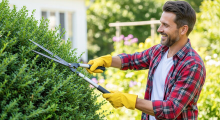 Man with gloves is trimming a bush in a garden, wearing a plaid shirt and smiling, surrounded by blooming flowers and greenery
