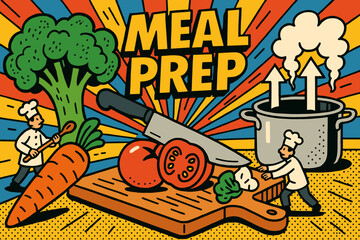 Comic meal prep banner with huge veggies giant cutting board oversized knife pot arrows and tiny cooks.