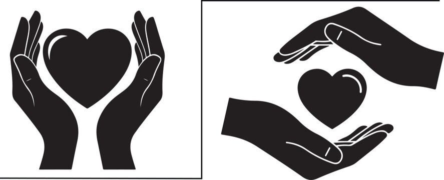  Flat silhouette vector of hands holding heart icon representing care, support and healthcare concept eps