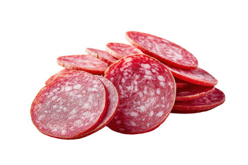 Round slices of salami stacked with visible fat texture and marbling, ideal for culinary presentations. Isolated on transparent background.