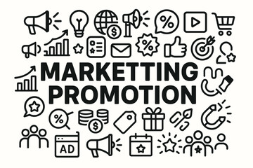 Marketing promotion advertising vector icons poster bold central headline with product symbols.