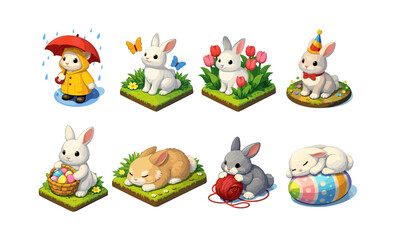 Fototapeta premium Collection of cute isometric cartoon bunnies in various adorable scenes and activities