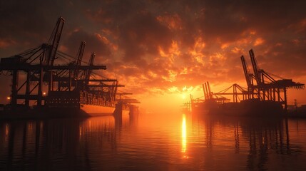Obraz premium Industrial container port with cargo ships and heavy cranes at work. AI generated image