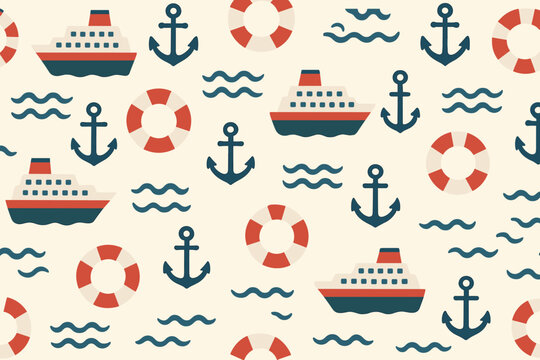 Sea travel cruise vector seamless pattern with ships anchors lifesavers and waves.