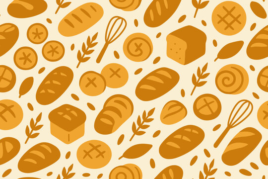 Bakery bread pastry vector seamless pattern including loaves buns whisks and grain leaves.