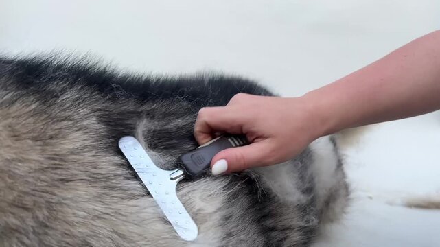 A fluffy dog enjoys a grooming session as a person brushes its fur, creating a shiny coat. The indoor atmosphere is calm and comforting for the pet.