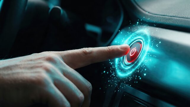 Finger pressing illuminated red start button with digital hologram effect on modern car dashboard, symbolizing futuristic ignition system and keyless vehicle technology. - Powered by Adobe