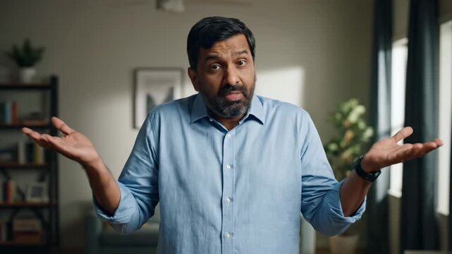 A man in a blue shirt with a surprised look and arms at his sides