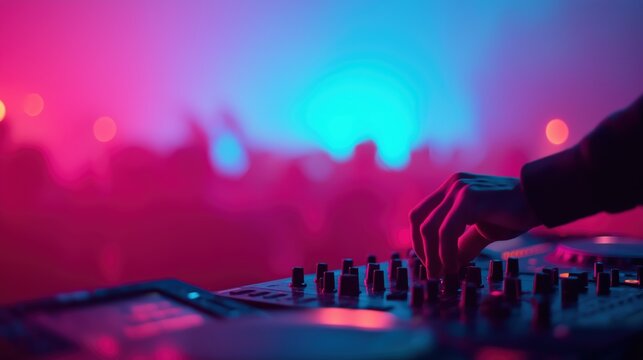 DJ hand adjusting controls on a mixer, creating music at a vibrant nightclub event with colorful neon pink and blue lights