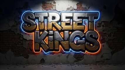3D Metallic 'STREET KINGS' Text with Neon Glow on Distressed Urban Brick Wall