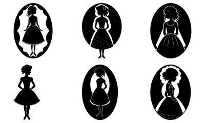 Silhouettes of Girls in Dresses with Different Hairstyles on White Background fashion