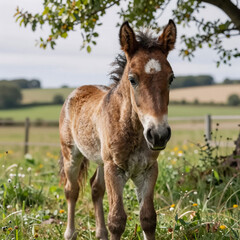 Obraz premium Curious wild foal approaches the camera, its mane ruffling on a green meadow