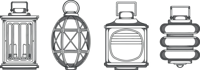 Detailed technical drawings of four distinct lantern designs isolated on transparent background © RAC.Design-Magic