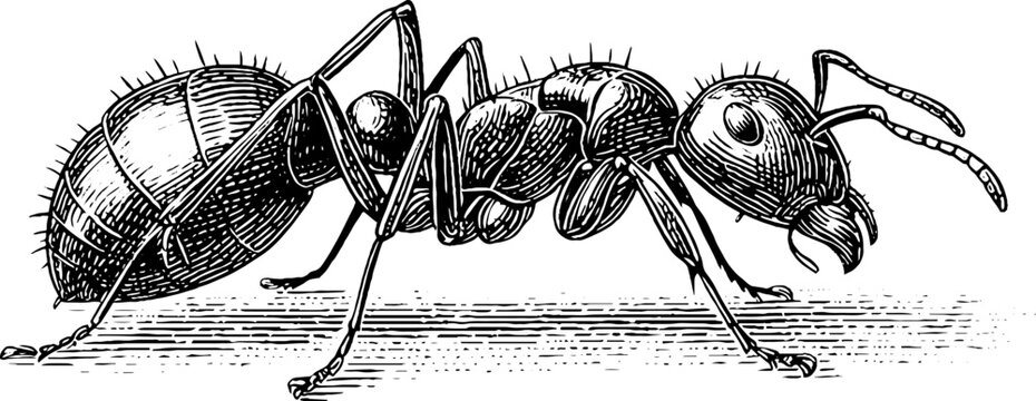 Intricate vintage engraving of ant queen anatomy from 19th century botanical study