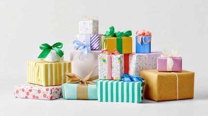 Obraz premium Colorful gift boxes arranged for festive product photography or holiday branding with wrapping paper and celebration composition design