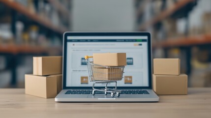 Laptop with a tiny shopping cart and delivery boxes on a wooden table, representing e commerce, logistics, and retail