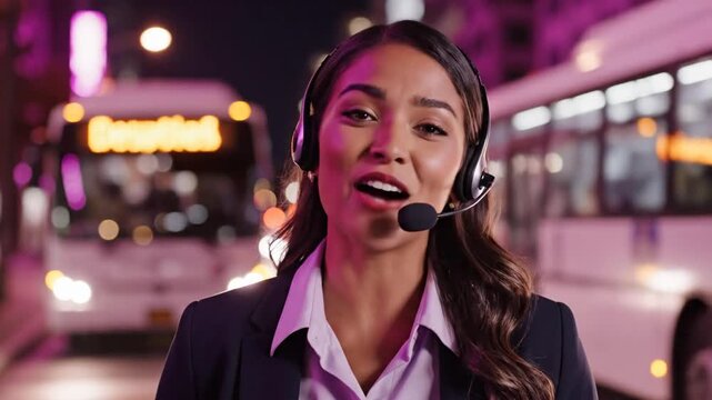 Professional female correspondent with a headset reporting live from a bustling city street at night